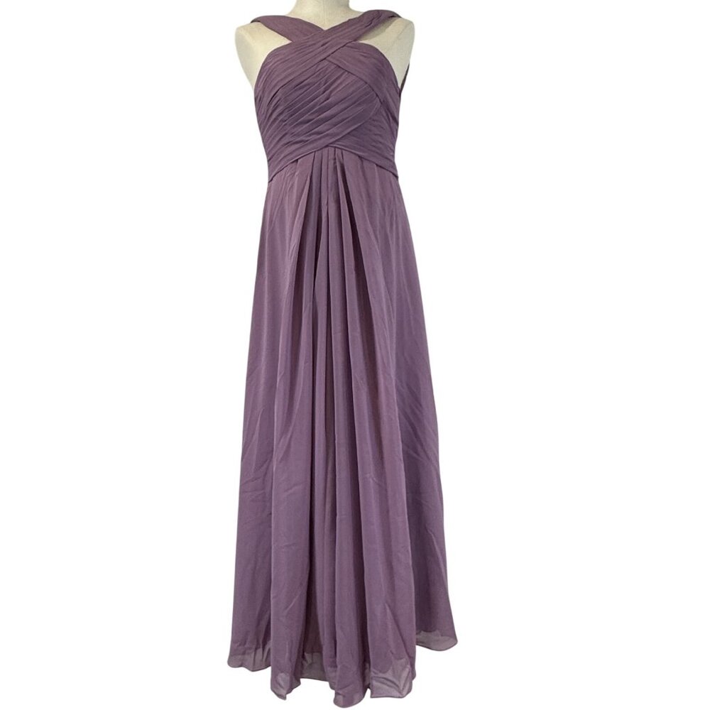 Azazie Kaleigh Bridesmaid Pleated Chiffon Dress Full Length Wisteria Custom NWT - Picture 1 of 15